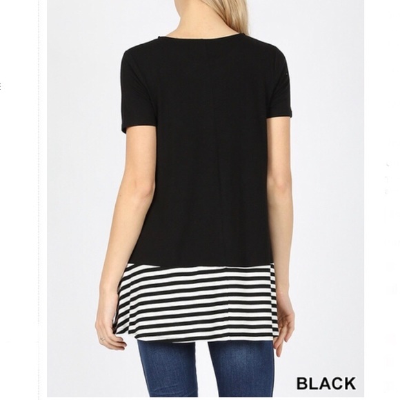 New Black Premium Short Sleeve Striped Top Pockets - Picture 3 of 8